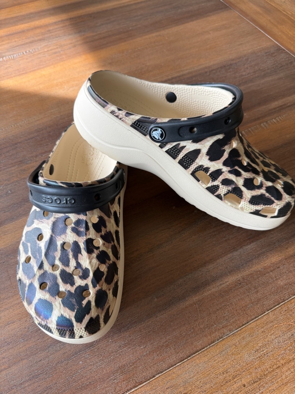 CROCS Leopard Print Clogs with Black Strap and Cream Sole